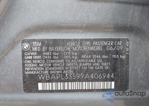 2009 BMW 3 Series xDrive из США, поврежденный, VIN WBAPL33599A406944